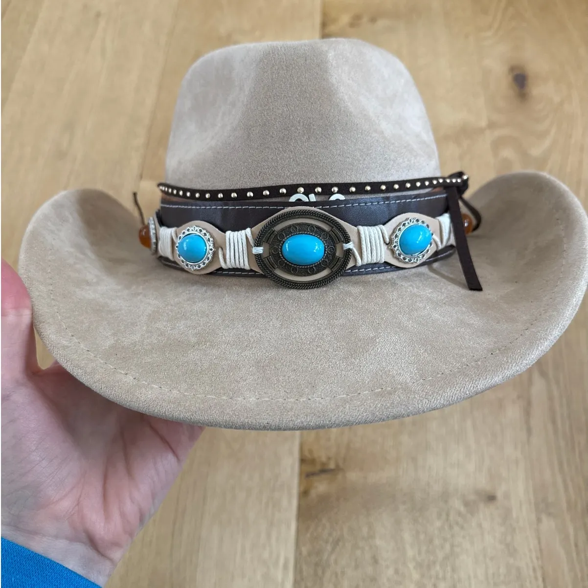 No Brand Western Cowgirl Hat with Concho Band One Size Beige Blue - Image 2