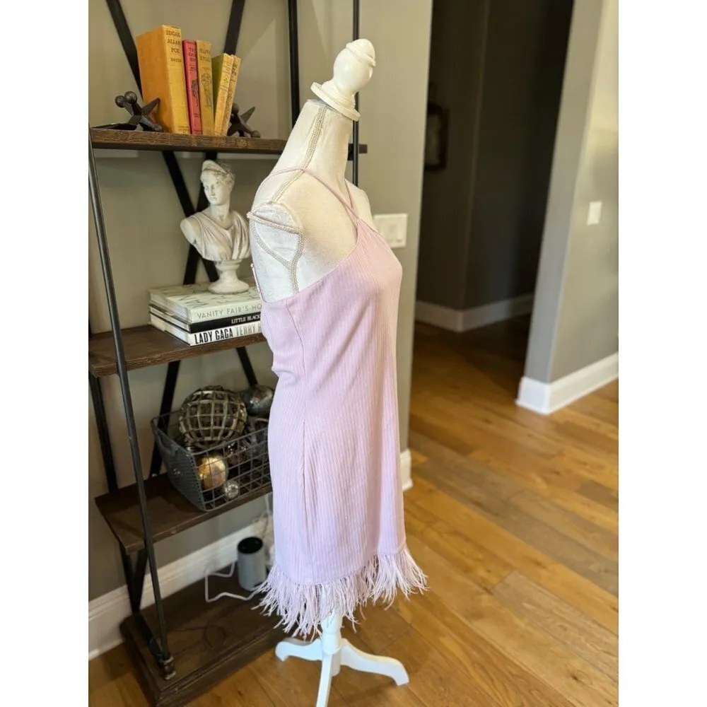 SAYLOR Ainsley Feather Trim Ribbed Halter Mini Dess Lavender Womens Size Large - Image 4