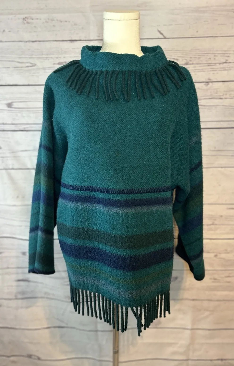 1960s LappLander Norwegian Virgin Wool Fringe Poncho Sweater Pullover Sz 40 - Image 1