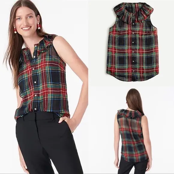 J.crew holiday sleeveless ruffle top Stewart tartan plaid size Small - Image 2