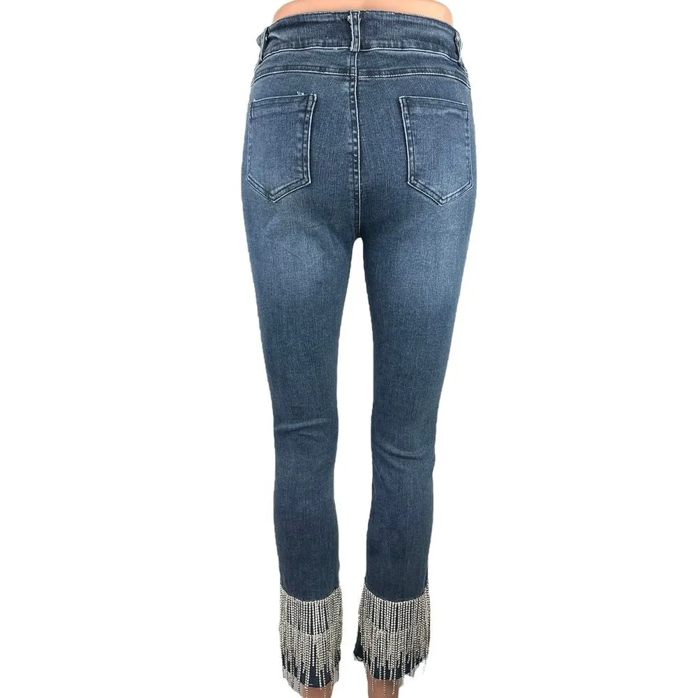 New Julianas Boutique Blue Denim High Rise Rhinestone Fringe Trim Skinny Jeans M Size M - Image 3