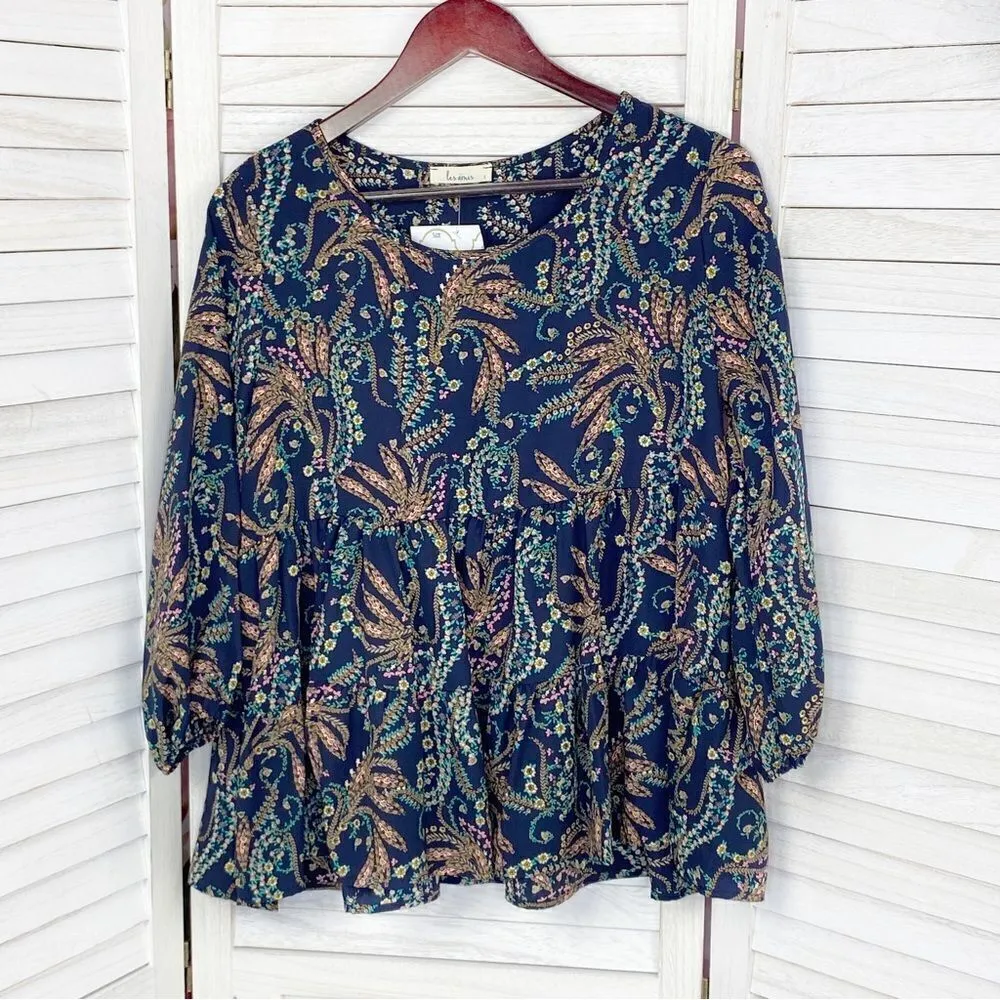 Les Amis‎ Floral Boho Tiered Ruffle Hem Blouse Blue Multi Small - Image 8