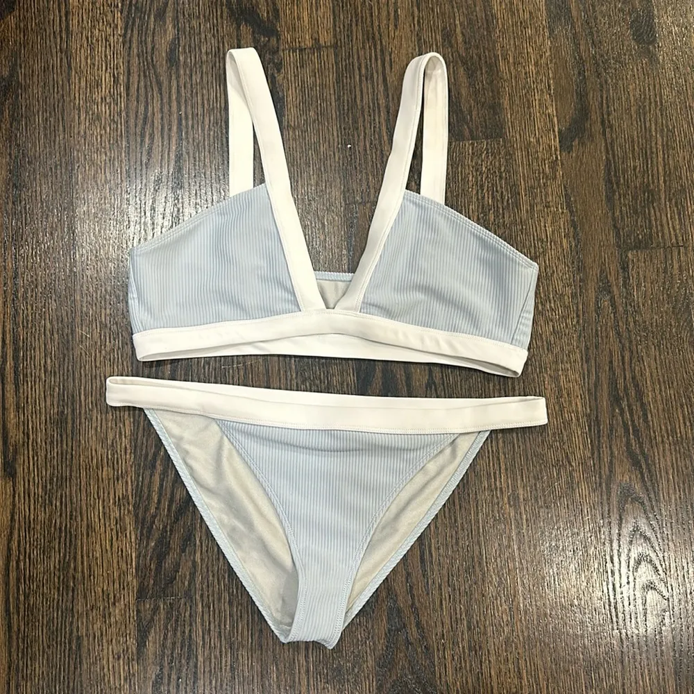 Tularosa Shore Top and bottom in Baby Blue & White bikini - Image 3