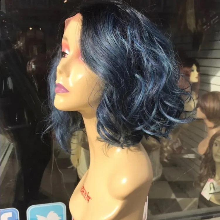 Blue curly Short bob Lacefront wig Ombre - Image 2
