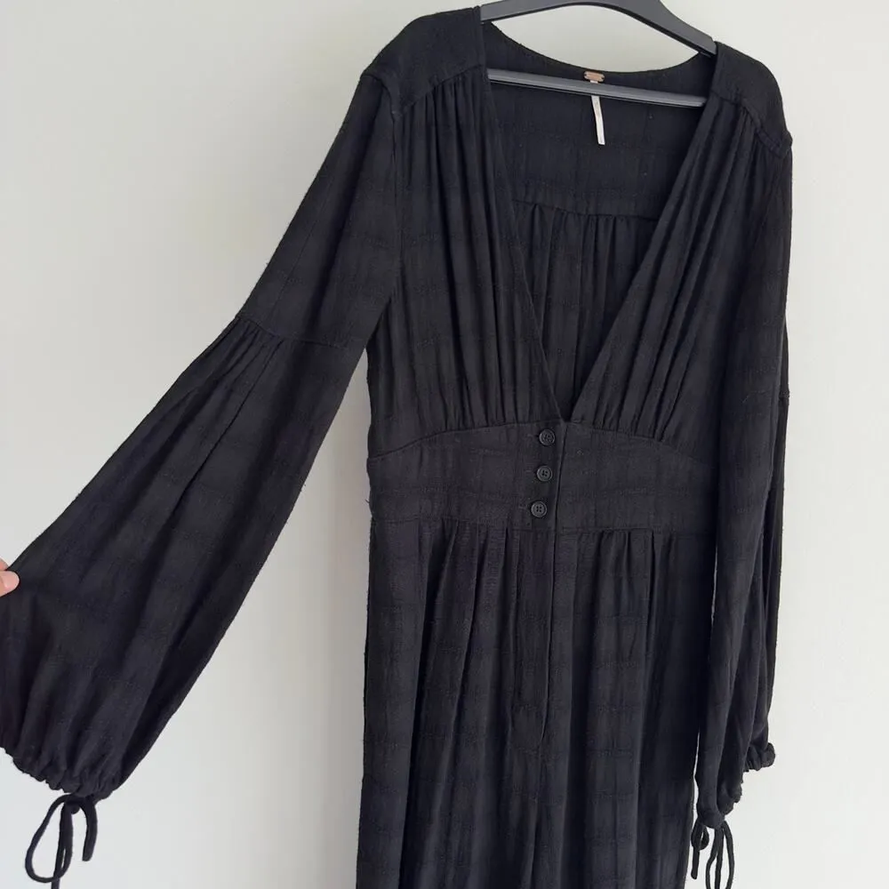 Free People Jumpsuit Small Linen Blend Wide Leg True Lovin One Piece V Neck Boho - Image 3