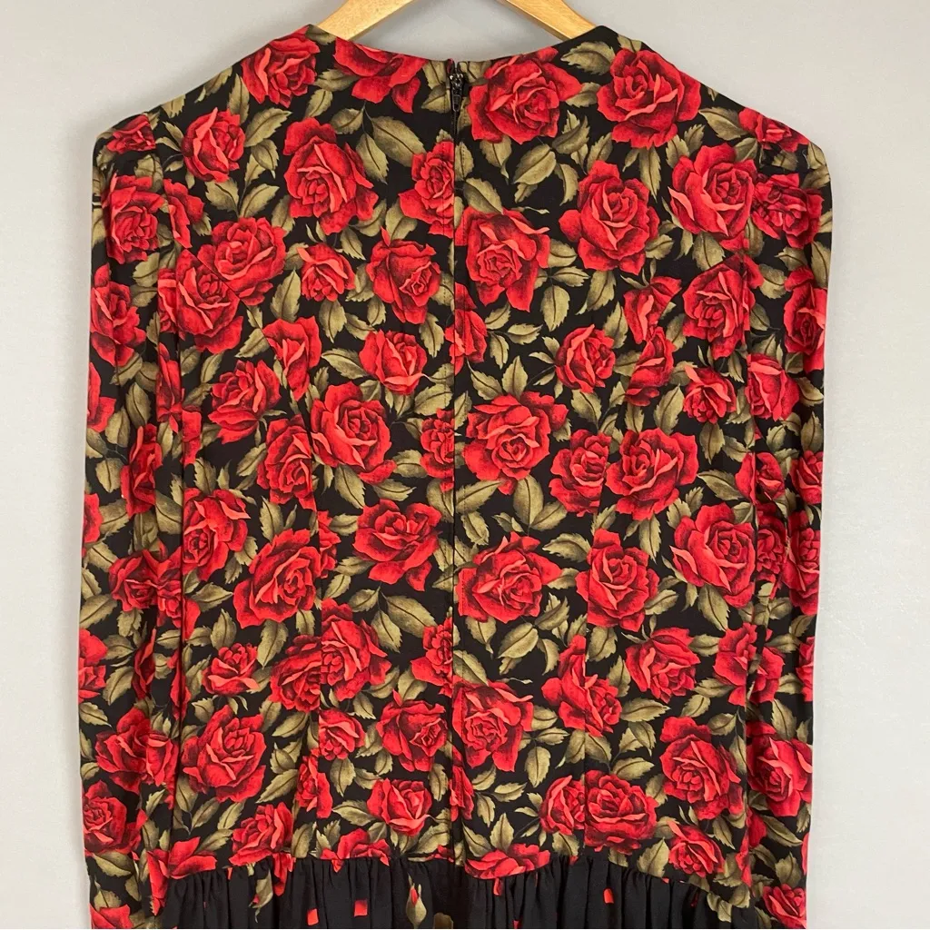 Vintage 80s Floral Dress Roses Dropped Waist Long Sleeve Modest‎ Black Red Retro Size 8 - Image 6