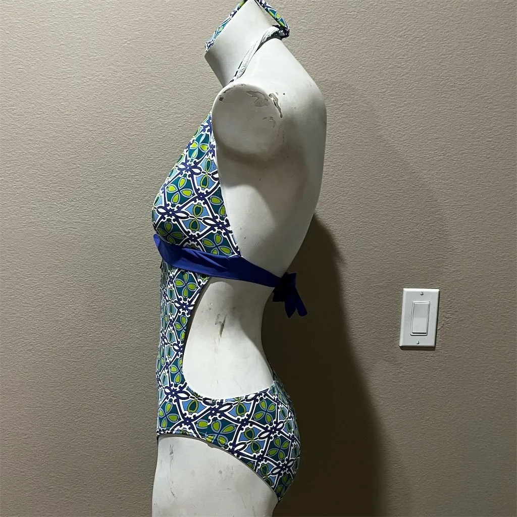 Merona Women's One Piece Swimsuit Size 8 Navy Green Geometric Print Halter - Image 6