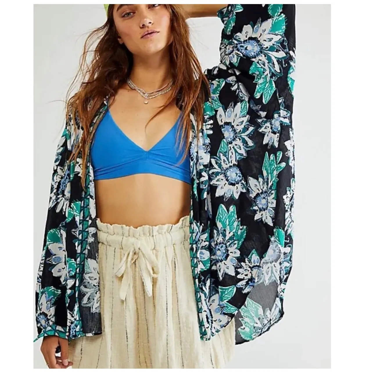 Free People Floral Print Long Sleeve Button Up Blouse Top Black Blue Green M - Image 7