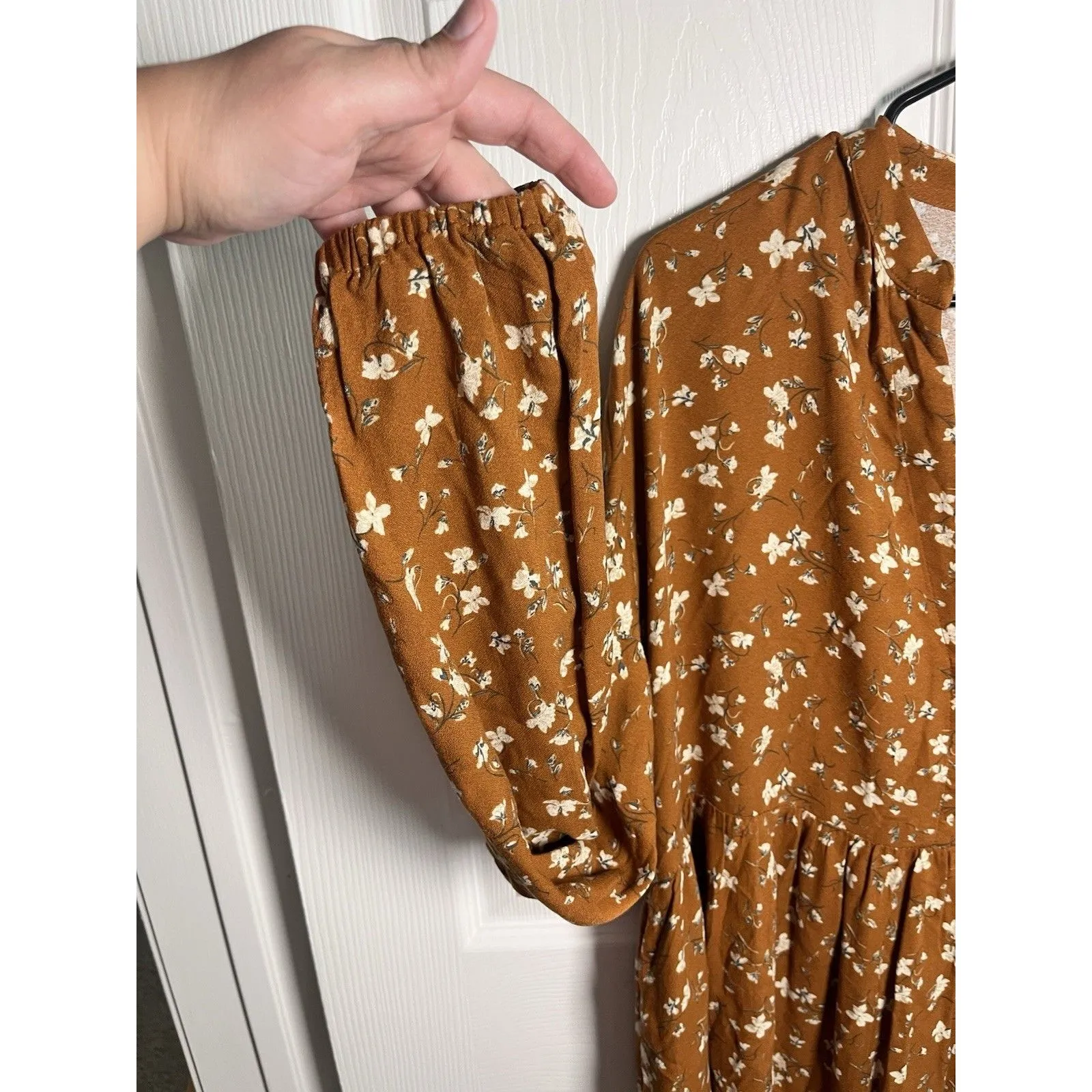 Tentree Willows Collared Tiered Long Sleeve Floral Dress Toffee Orange Sz L NWT - Image 5