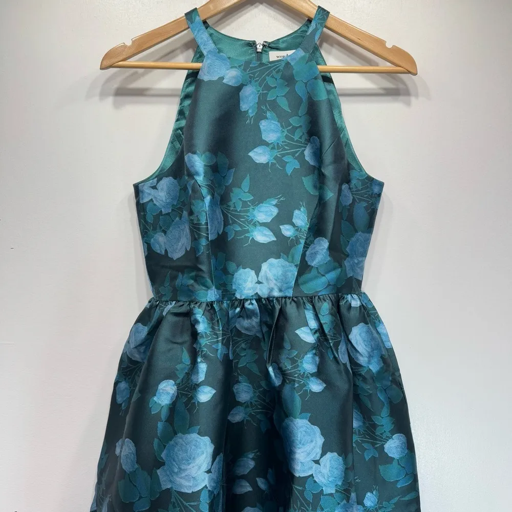 Wendy Bird Formal Party Dress Teal Blue Rose Print Satin Halter Neck Coquette - Image 3