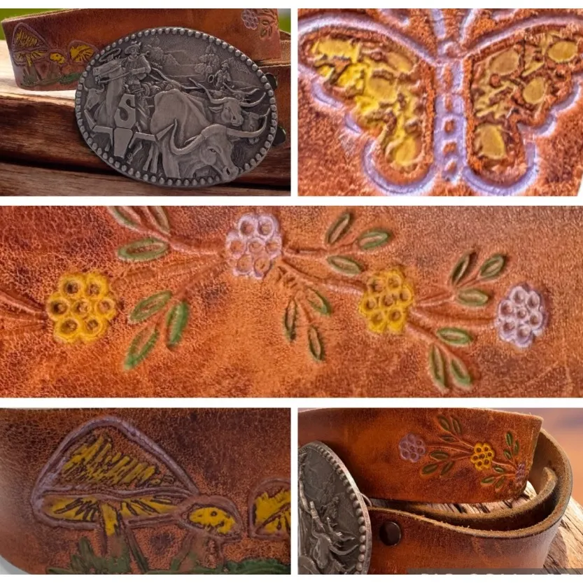 70s Vtg sz 34 Painted Mushroom Butterfly Floral Tooled Leather Belt W/Zee Buckle Brown - Image 2