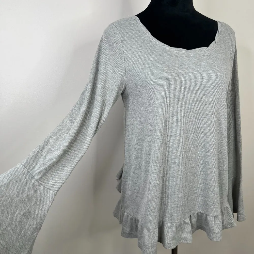 Umgee Heather Gray Ribbed Bell Sleeve Lace Back Ruffle Hem Long Sleeve Top - Image 3