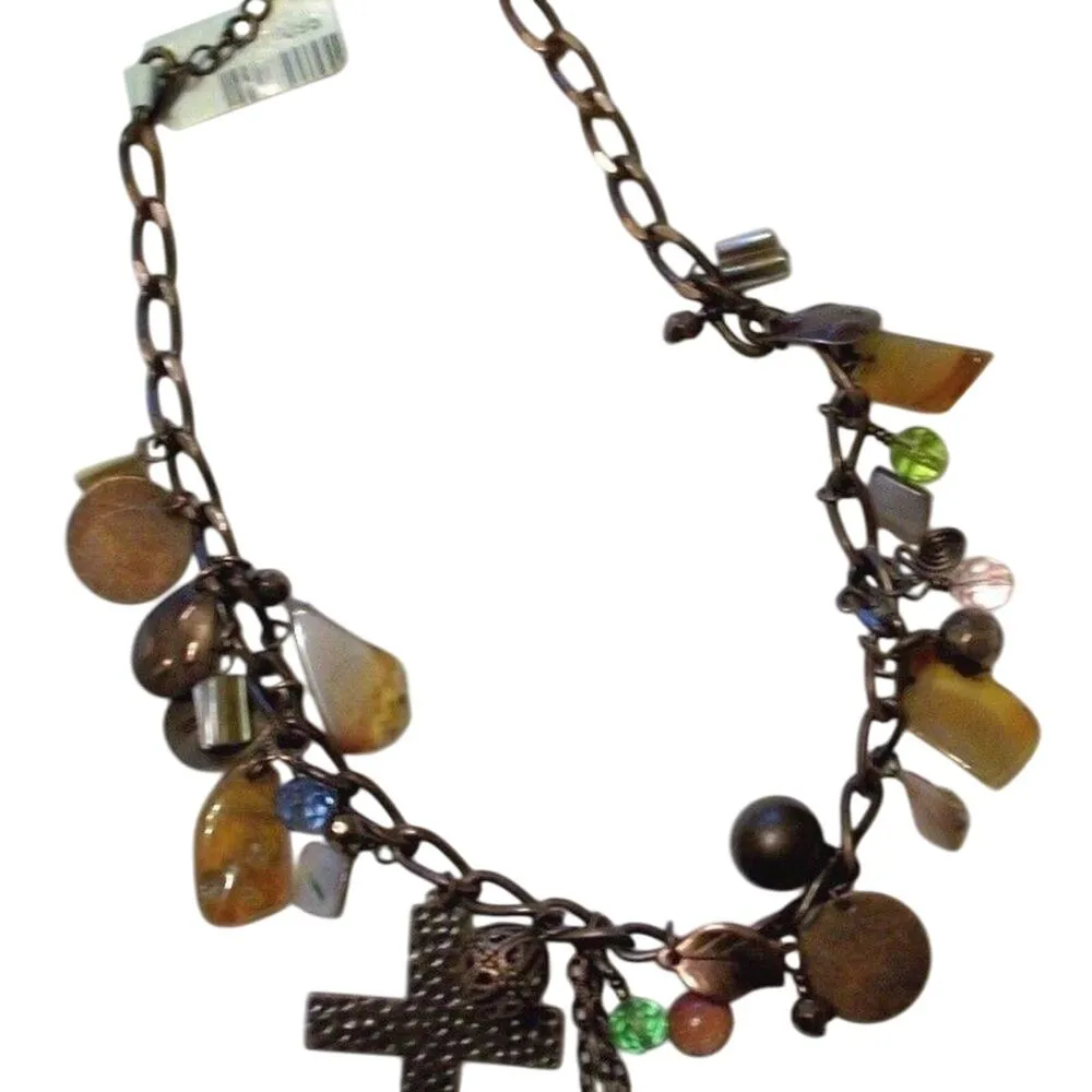 Cache Necklace Metal Chain Cross Disc Stones Beads Adjustable Match Top $68 NWT - Image 3