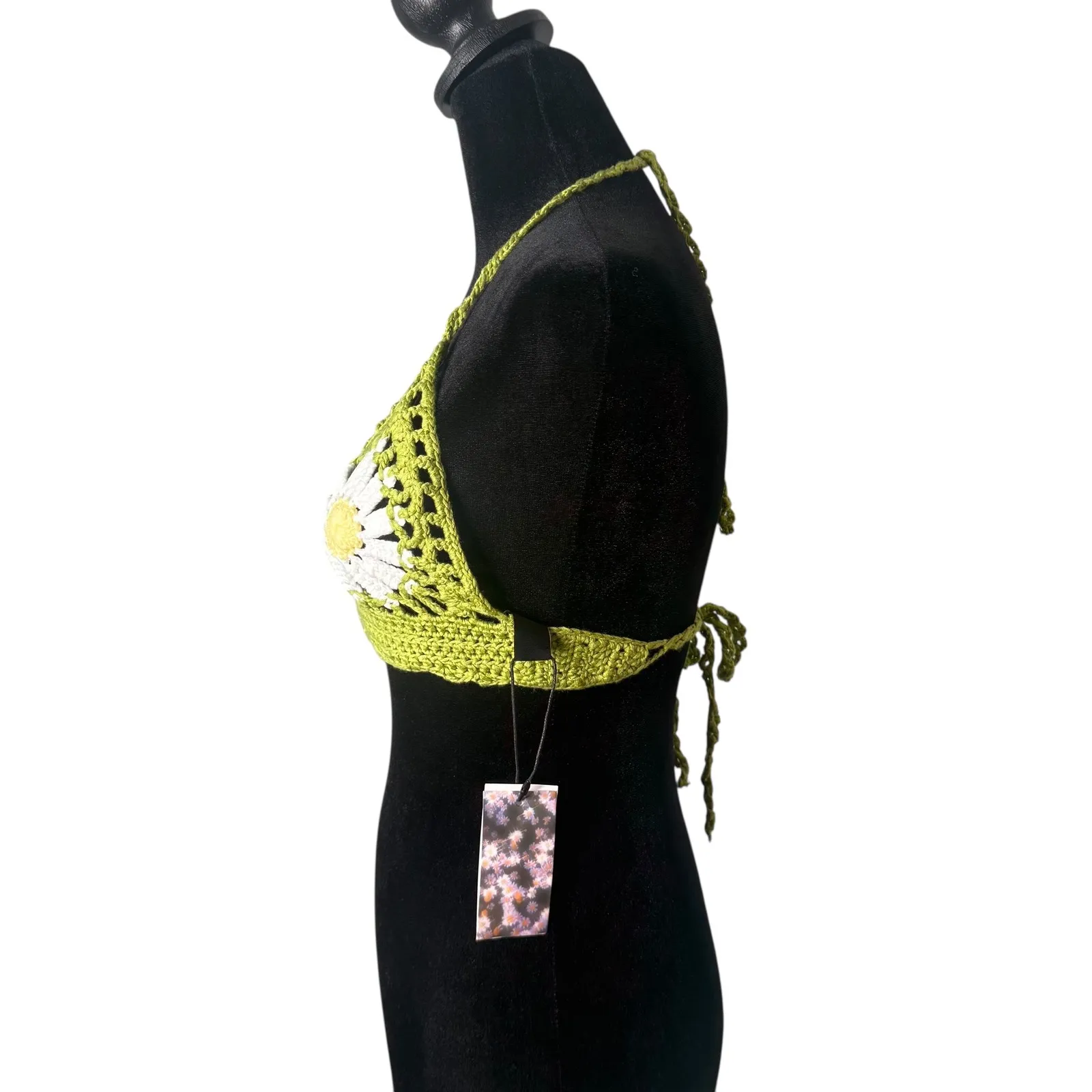 Cider Crochet‎ Daisy Halter Crop Bralette Top Size L Green Festival Hippie NEW - Image 3