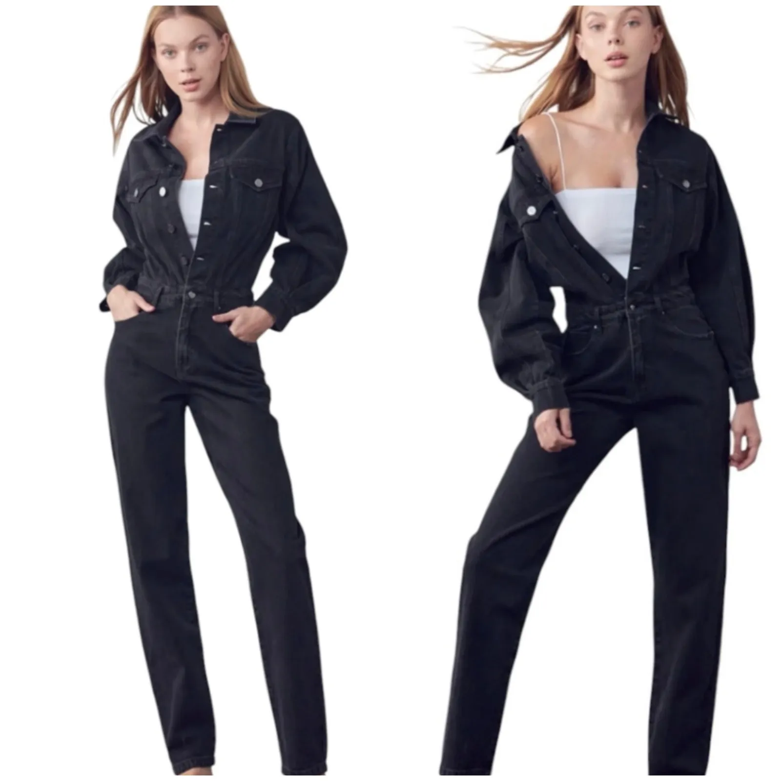 Insane Gene Soda Balloon Sleeve Denim Jumpsuit Black NWT size S - Image 2