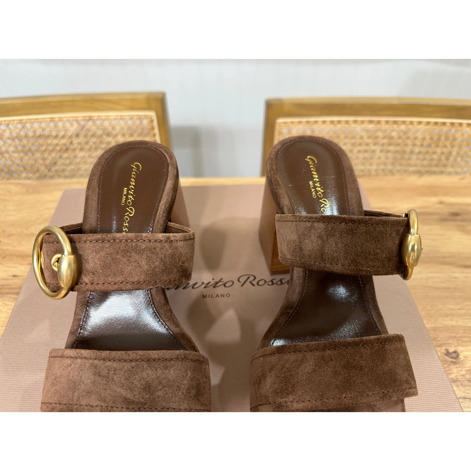 Gianvito Rossi Suede Buckle Dual-Band Platform Slide Sandals 7.5 US 37.5 EU NIB - Image 6