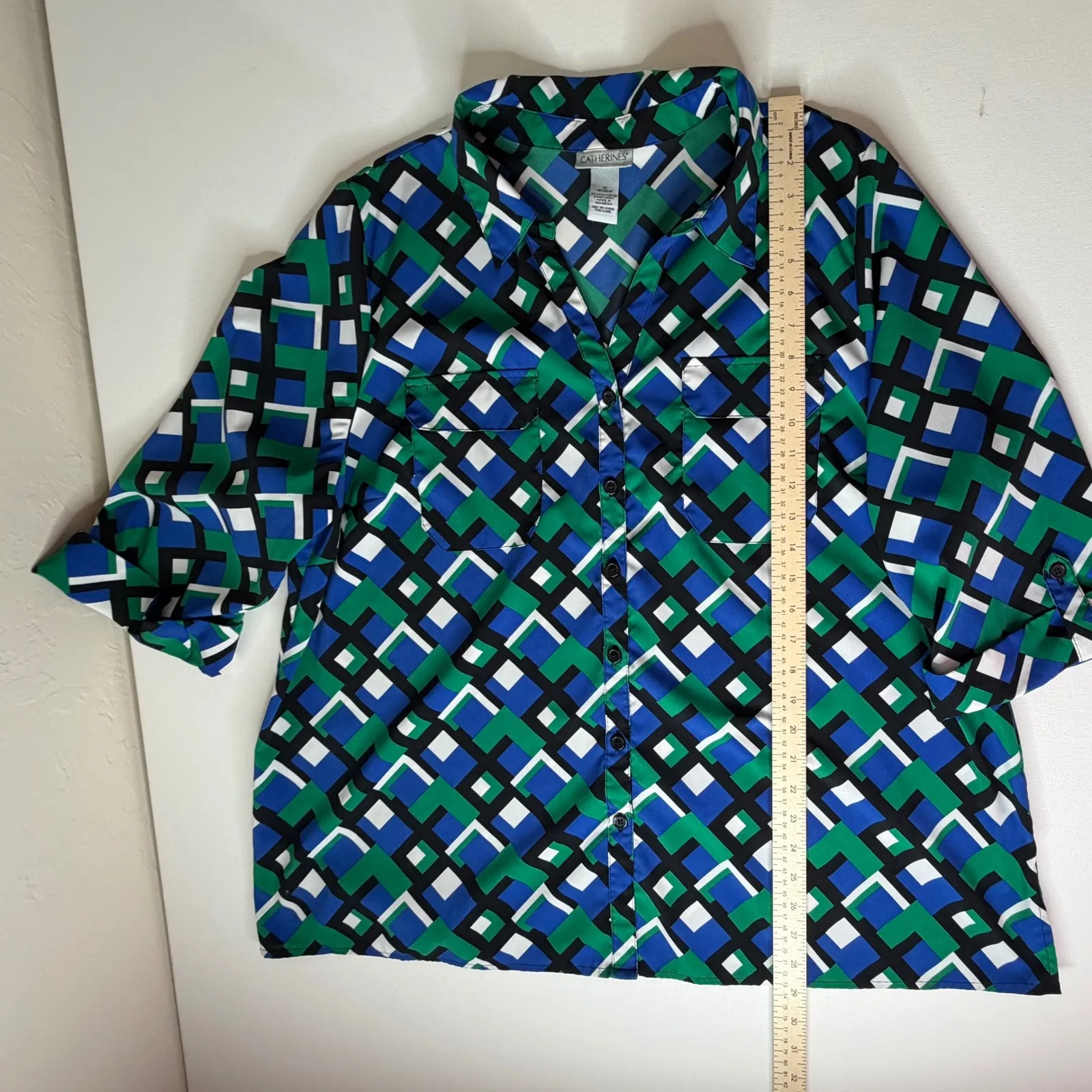 Catherines Geometric Print Button Up Shirt Size 1X Lightweight Office Artsy Work - Image 7