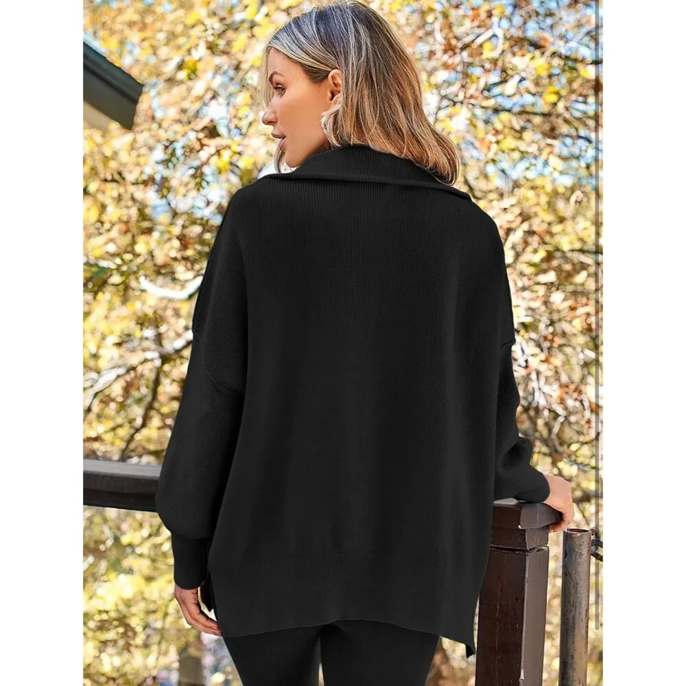 Women's Zipper Collared Oversized Drop Shoulder Pullover (54) Brown Size M - Image 6