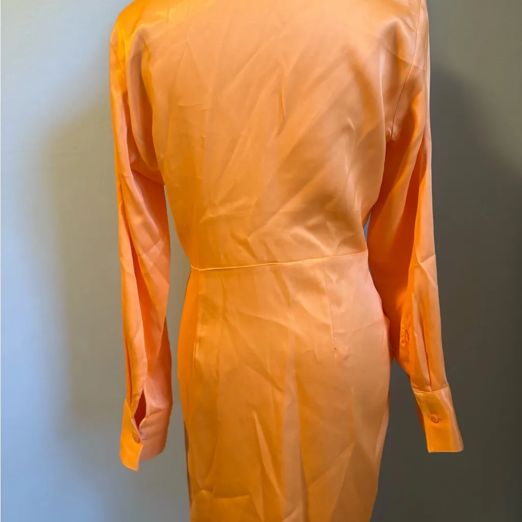 Zara small Orange Mini Dress long sleeve collared sexy glam‎ knot front silky - Image 4