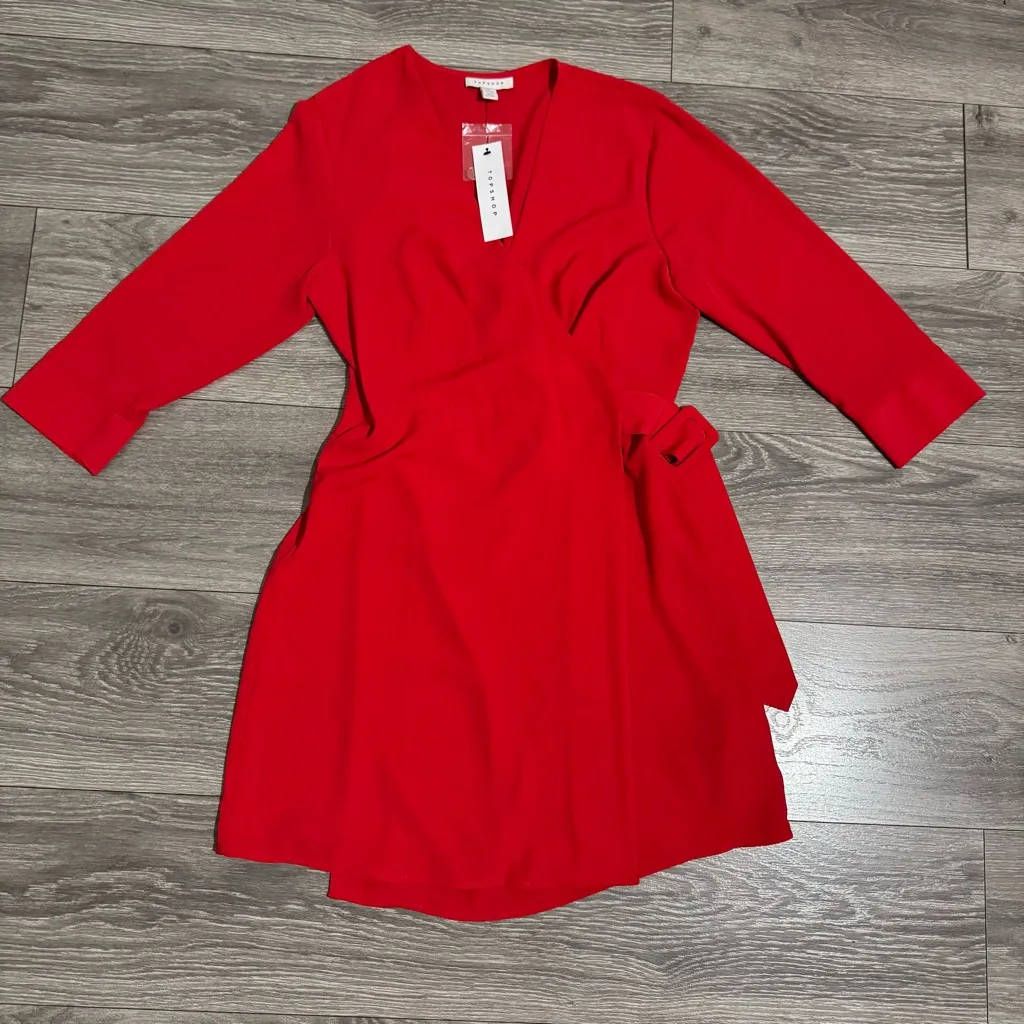 Topshop Women Vibrant Red Long Sleeve V-Neck Cocktail Wrap Dress Size 6 - Image 12