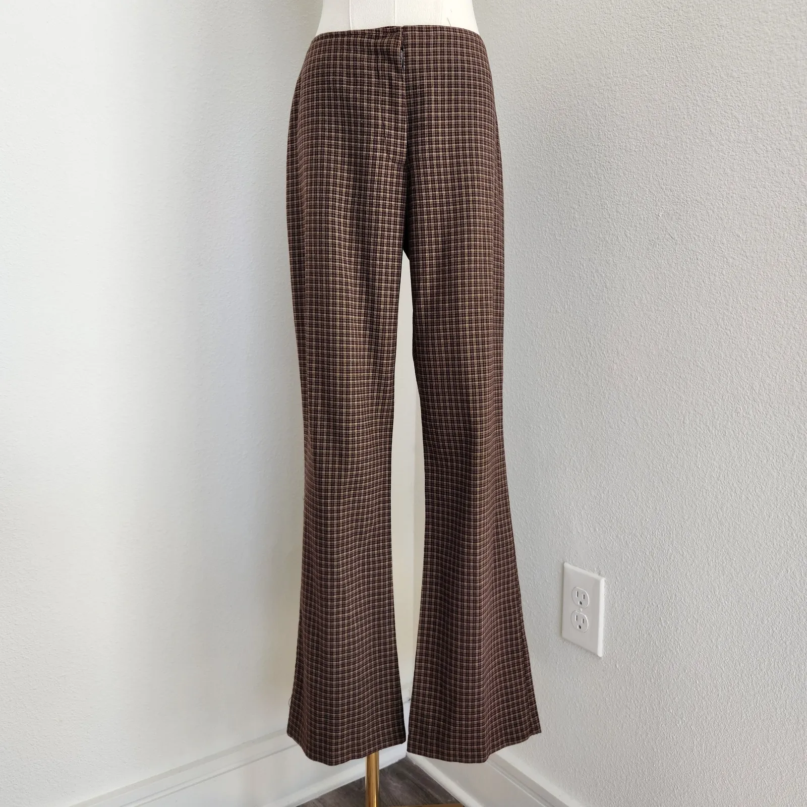 Vintage Y2K Zinc Brown Plaid Flared Trousers Mid Rise Straight Leg Pants S - Image 2