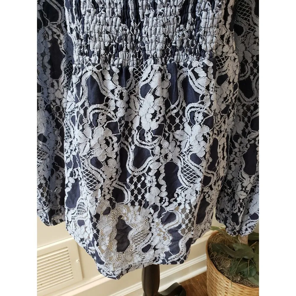 Women's Suzanne Betro Navy Lace Print 3X Top with Smocked Waist and Long Sleeves - Image 4