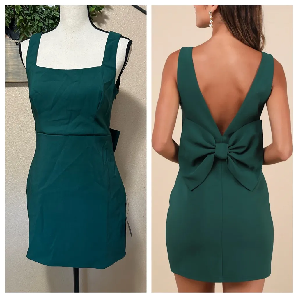 NWT Lulus Blissfully Beaming Hunter Green Sleeveless Bow Mini Dress - Image 2