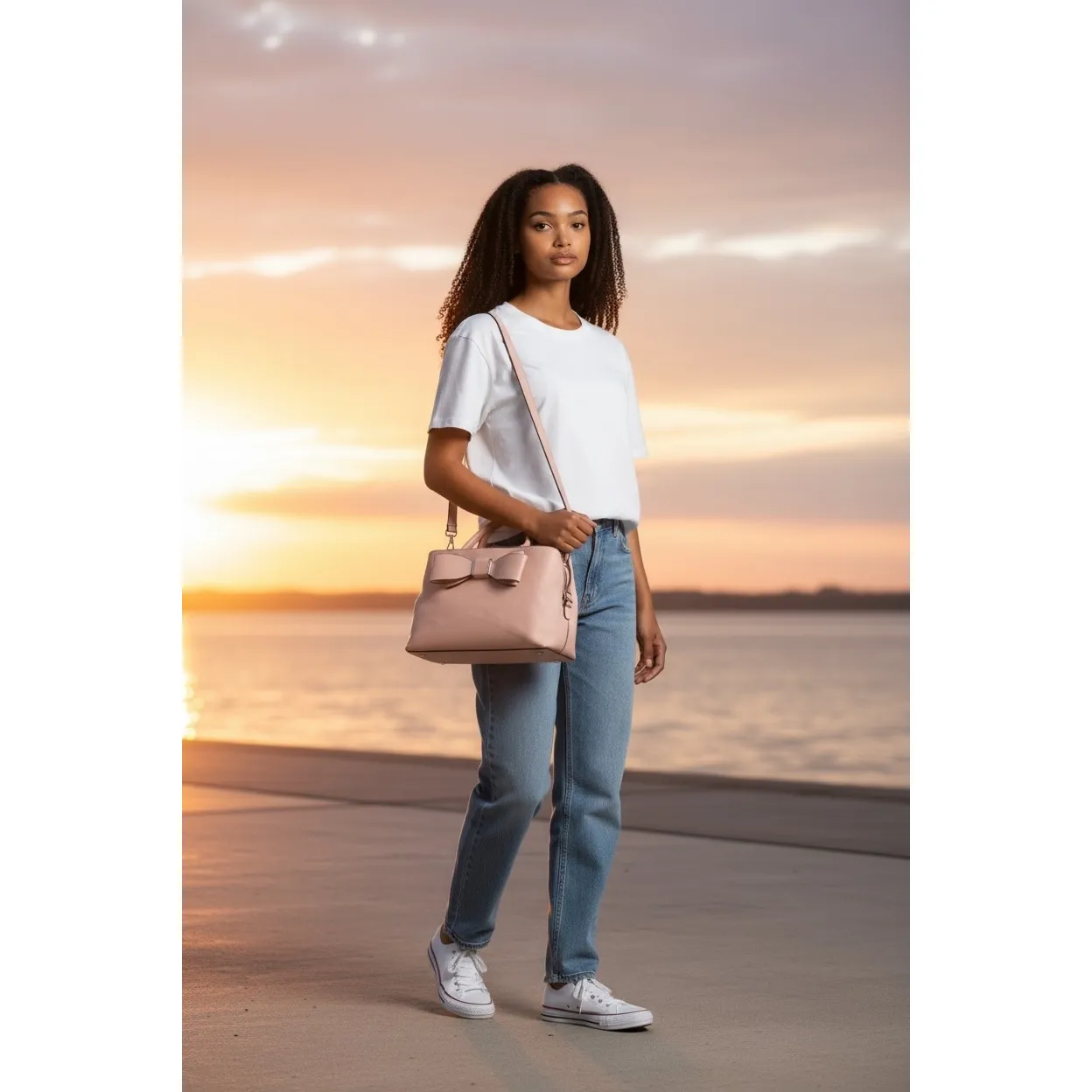 Bow Satchel Crossbody Bag, Pale Pink Handbag, Elegant Top Handle, Shoulder Bag - Image 2