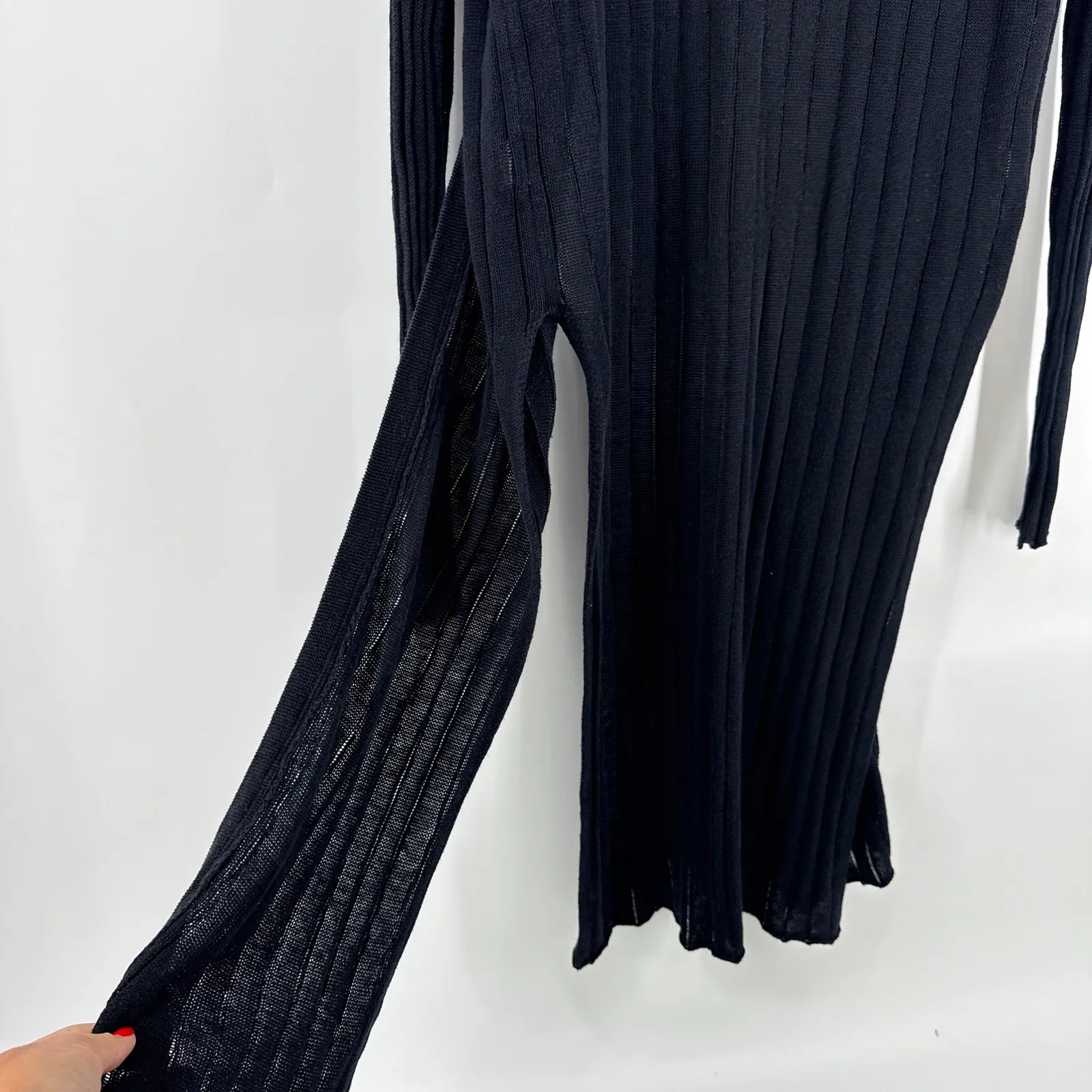 Free People Ribby Rib Maxi Cardigan Sweater Duster Long Sleeve Slit Medium Black - Image 5