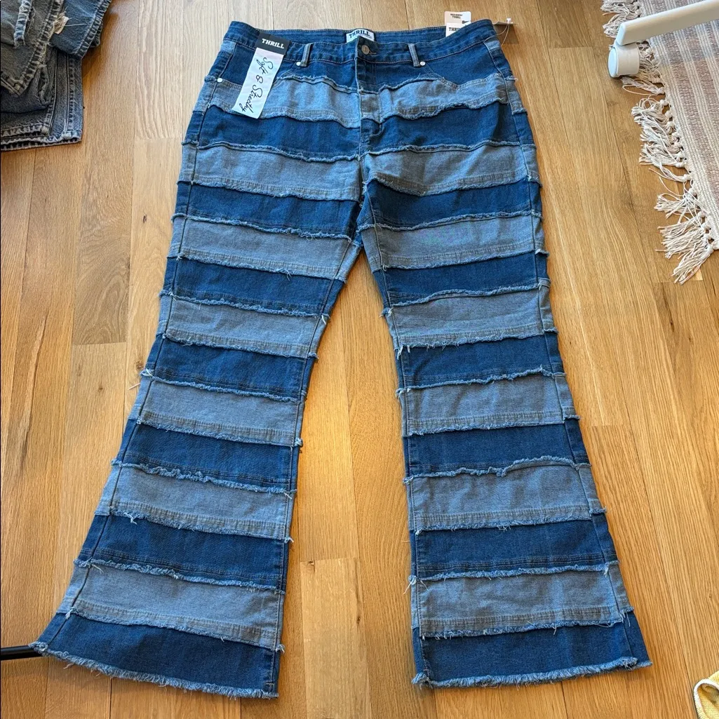 Thrill Denim Flare Patchwork Jeans Boho NWT Size 22 Blue - Image 3