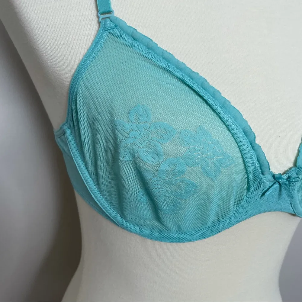 Victorias Secret Bra Underwire Sheer Sheer Mesh Ruffle Floral Seafoam Green Y2K - Image 2