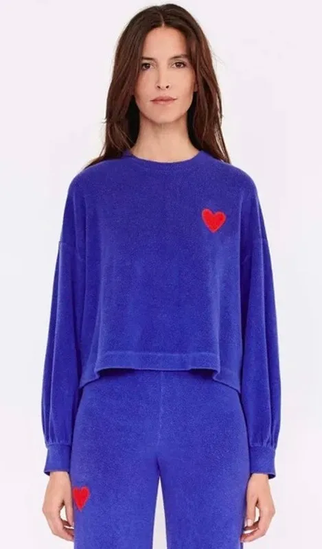 Sundry 1 S Heart Faux Sherpa Sweatshirt Blue Embroidered Pullover Soft TeddyBear - Image 1