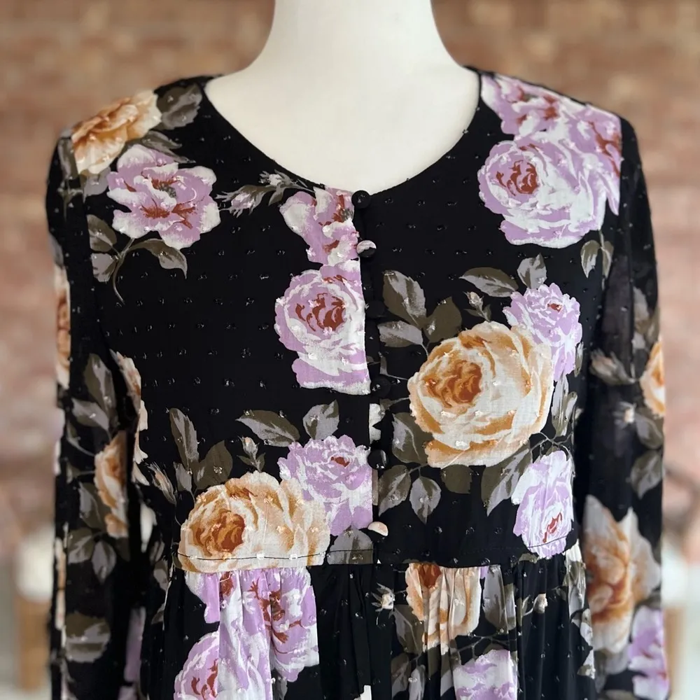 Altar’d State Dress Swiss Dot Mini Babydoll Black Floral Long Sleeve M Brunch - Image 3
