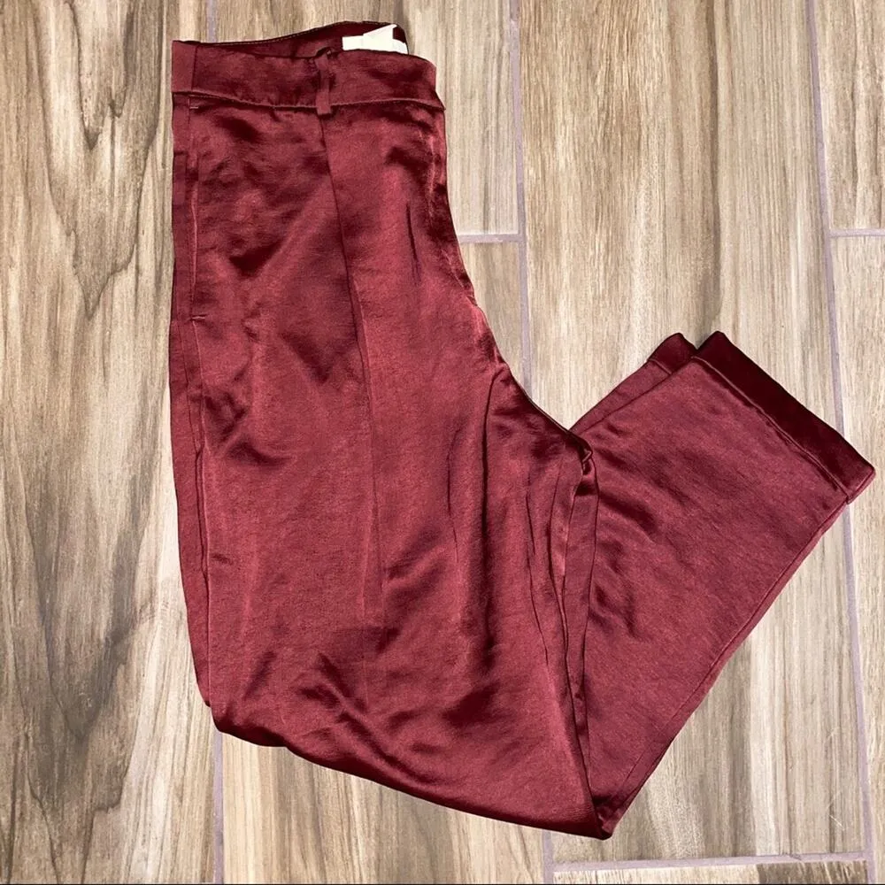 H&M Satin Relaxed Fit Cropped tapered leg cuffed hem pants Burgundy size 6 - Image 11