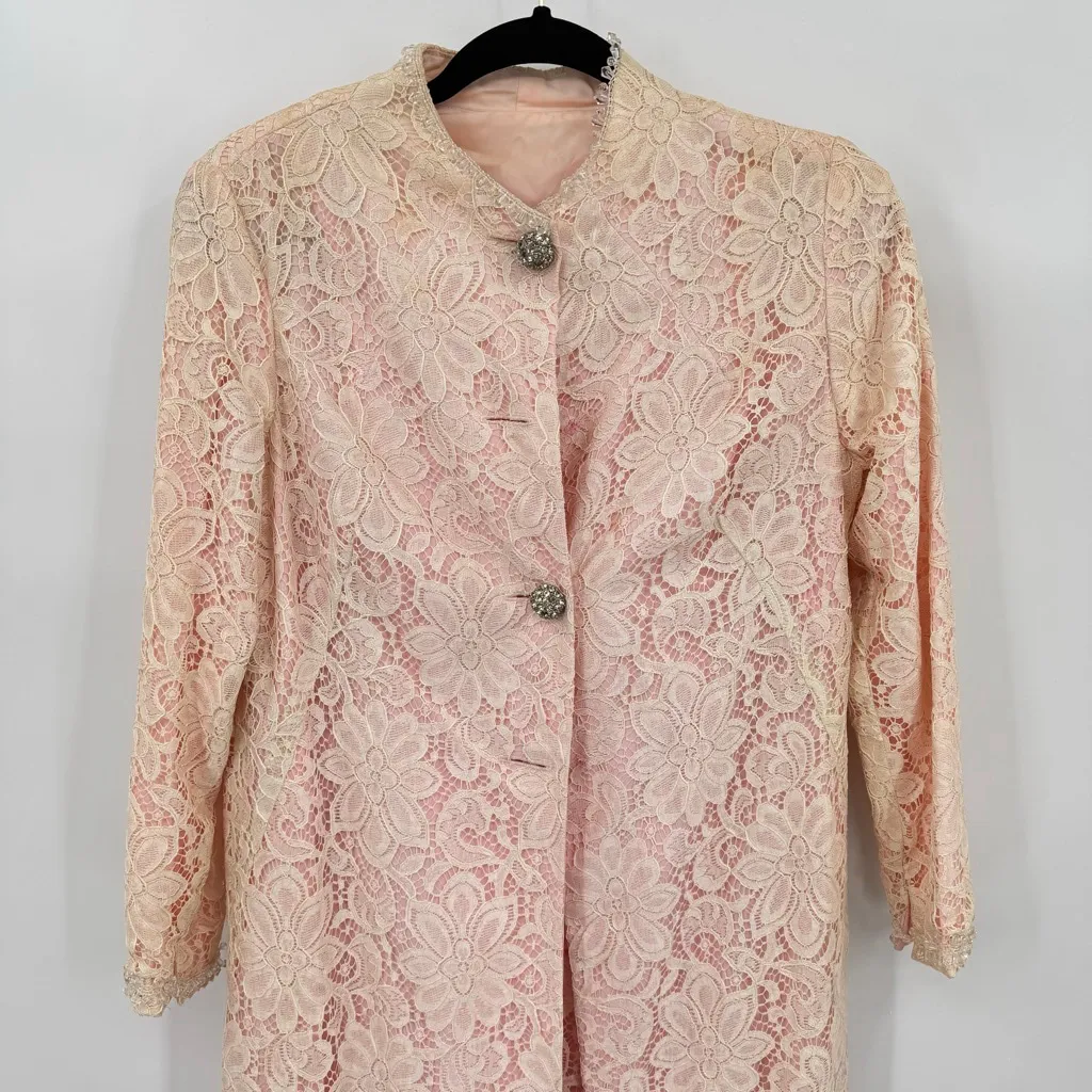 Vintage 80s Pink with Ivory Lace 2 Piece Set Dress & Long Jacket Beaded READ - Image 3