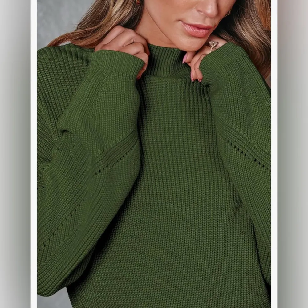 NEW Mock Neck Trendy Lantern Sleeve Ribbed Knit Bodycon Pullover Sweater Dress S Green - Image 7