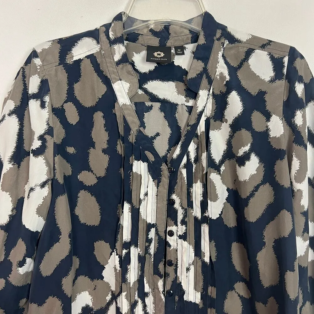 Amber Sun Womens Top M Silk Painter Career Office Business Casual Quiet Luxury Blue Size M - Image 3