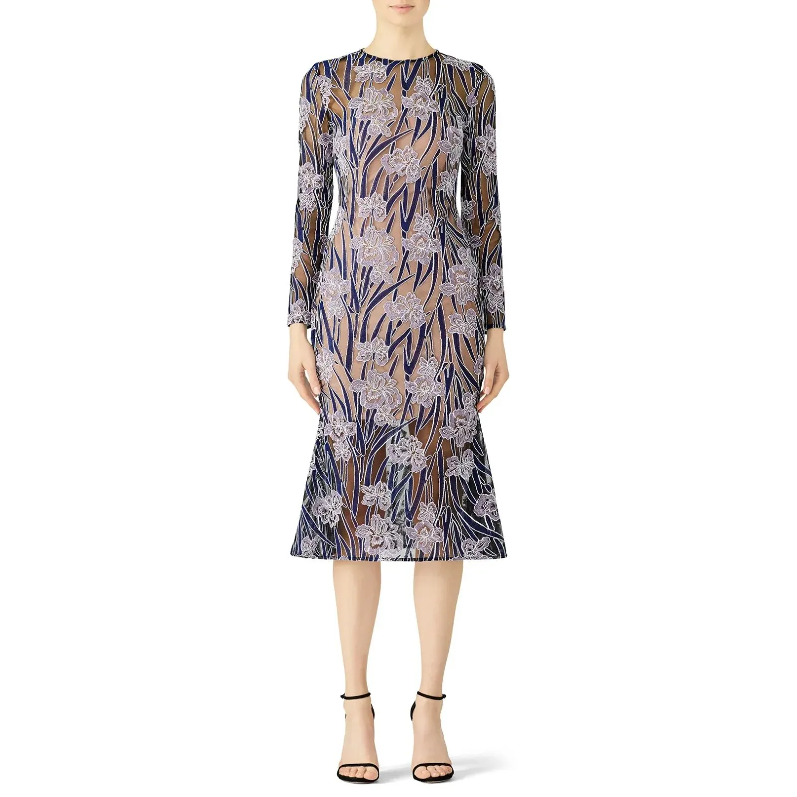 Elliatt Floral Lace Long Sleeve Midi Flare Dress in Black Blue & Purple size XS - Image 3