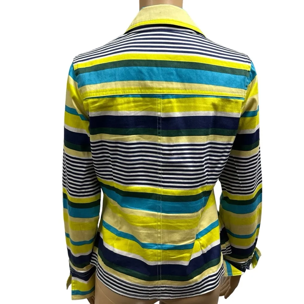 Live A Little Button Up Neon Navy Green Aqua Striped Pocket Jacket Womens Small - Image 6