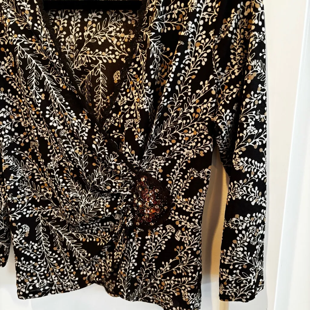 Nine West Separates Chocolate Brown Lace Trim Fairy Faux Wrap Beaded Detail L - Image 3