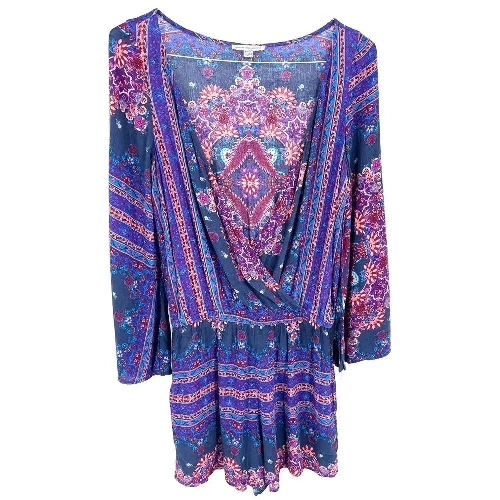 American Eagle Outfitters AEO Multi Print Bell Sleeve VNeck Festival Boho Romper - Image 2
