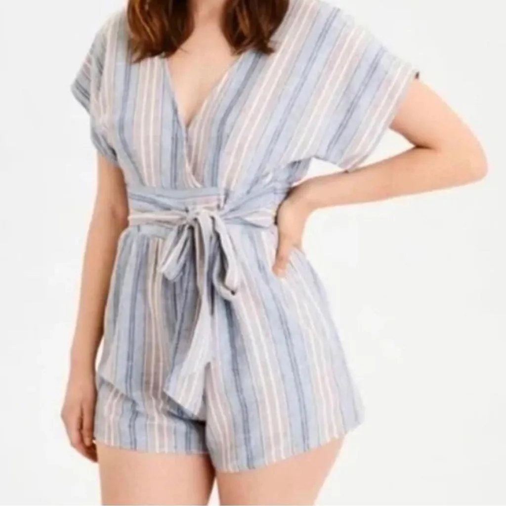 American Eagle Striped Faux Wrap kimono linen Tie Romper Blue Purple‎ size small - Image 2
