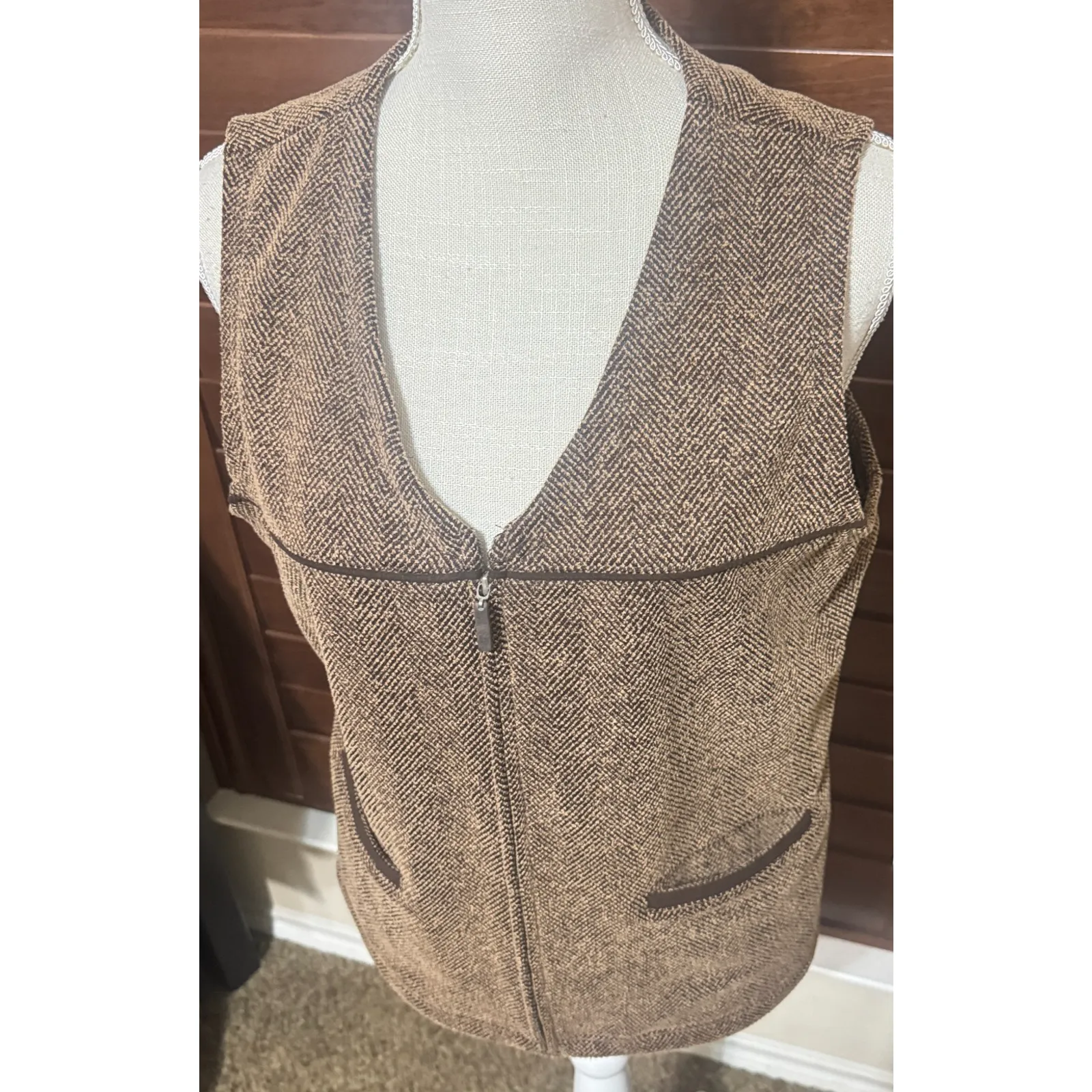 Vtg Crazy Horse Liz Claiborne Womens Tweed Vest L herringbone full zip Preppy - Image 2