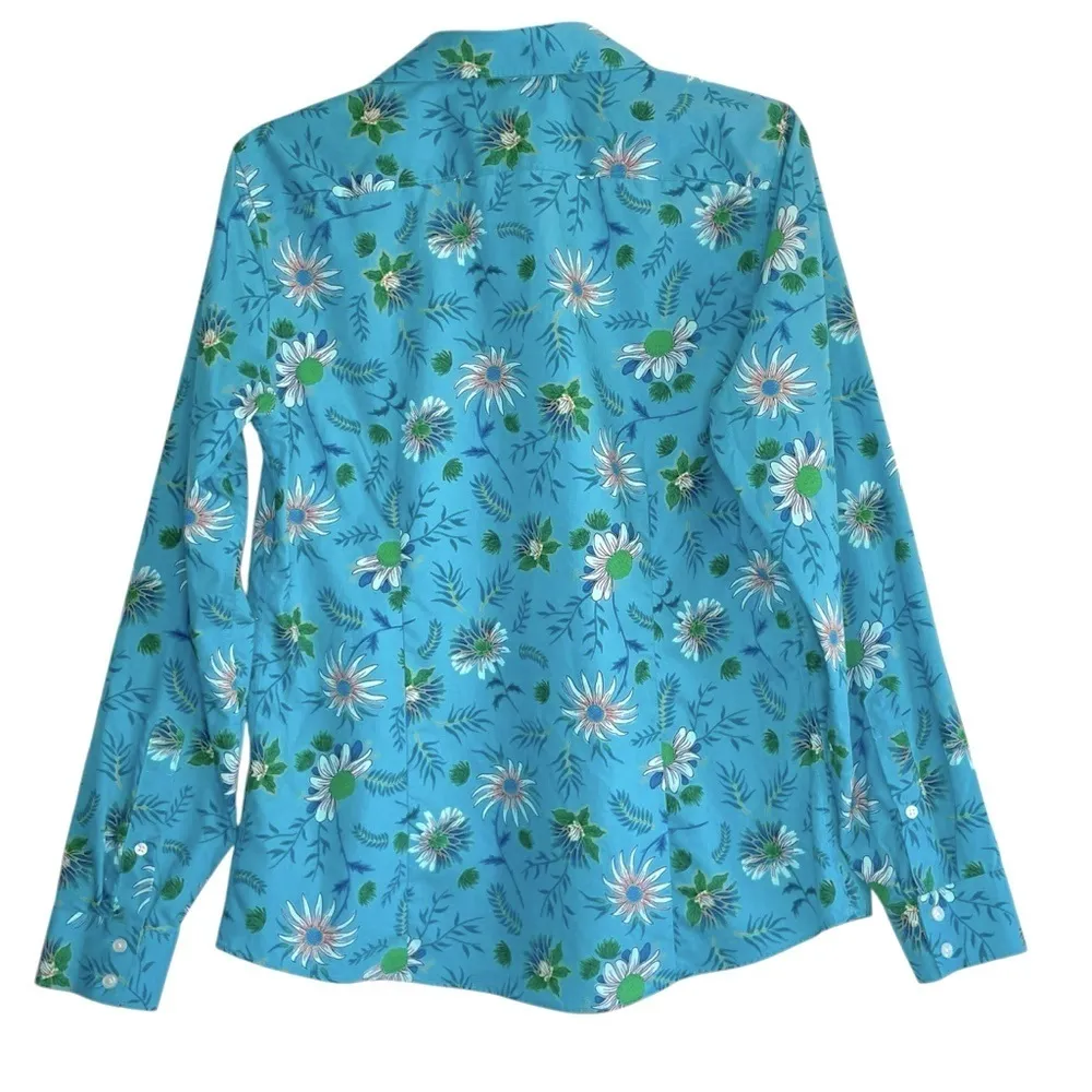 Land's End 100% SUPIMA Cotton No Iron Aqua Floral Button up Shirt ladies size 10 - Image 3