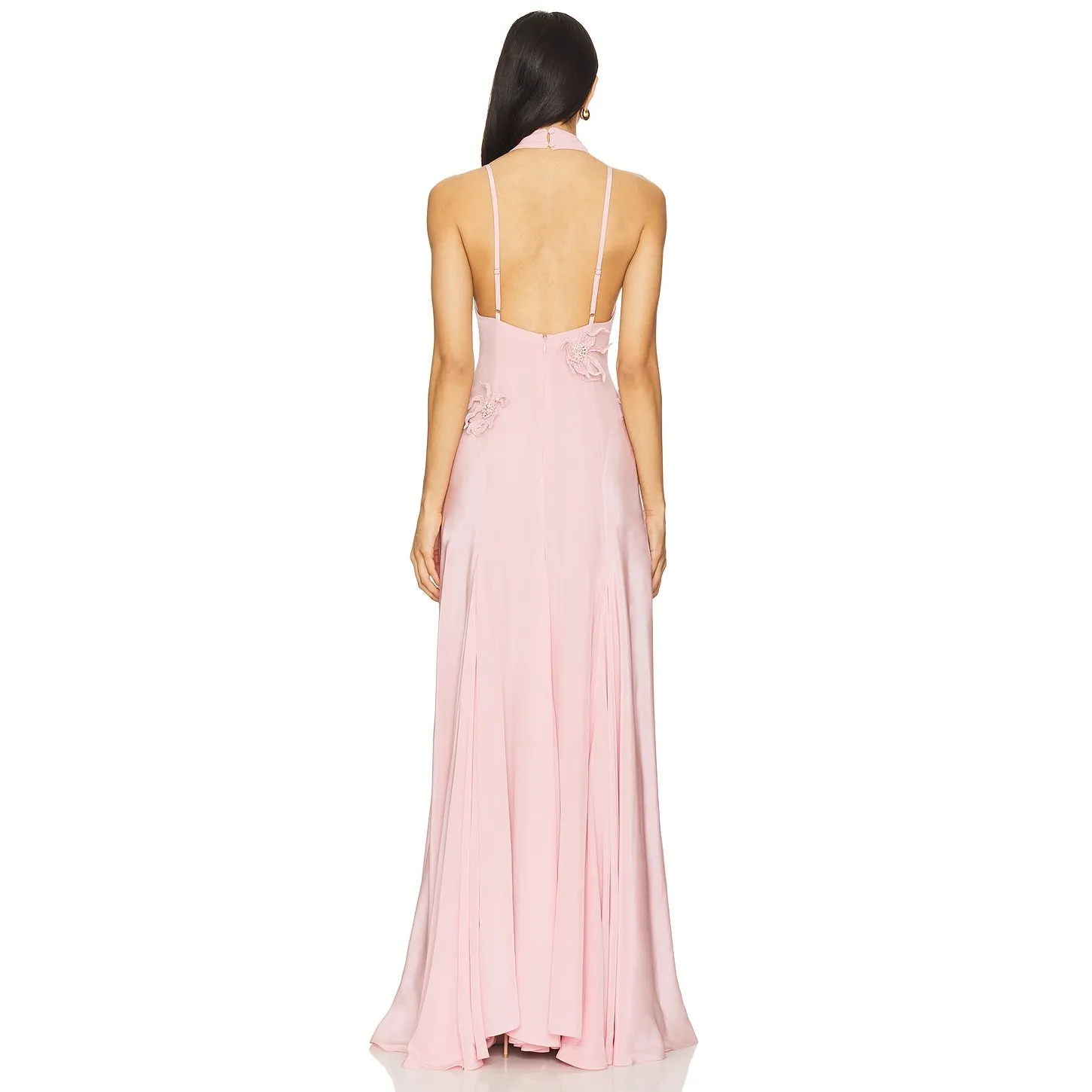 La Fuori 3D Floral Applique Ostrich Feather Pink Silk Backless Dress NWT $780 S - Image 4