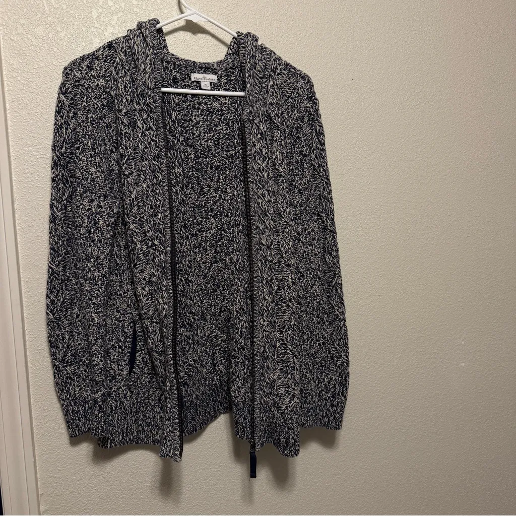 LLBEAN 100% Cotton Cable Knit Heathered Long Sleeve Hooded Cardigan w/ POCKETS M Blue Size M - Image 9