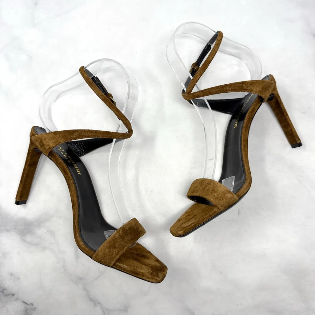 Saint Laurent Bea Bow Suede Square Toe Ankle Wrap Strap Sandal Heels Brown 37 - Image 5