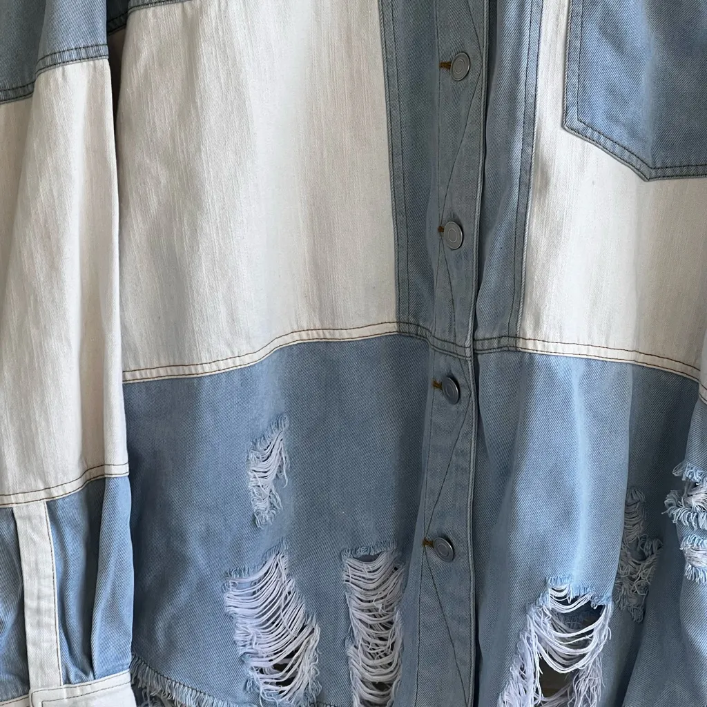 Oli & Hali White Cotton Denim Jacket With Patchwork Blue - Image 8
