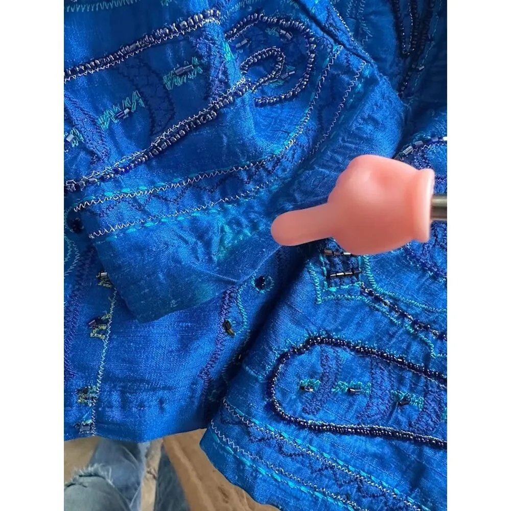 CHICOS 100% Silk Blue Beaded Blazer Artsy Button Lined Embroidered Office Small - Image 10