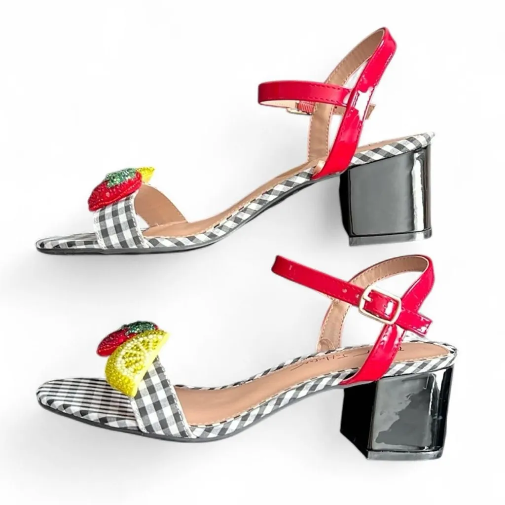 Betsey Johnson Malia Embellished Fruit Heels Size 8 | Gingham + Patent Leather 🍋 - Image 2